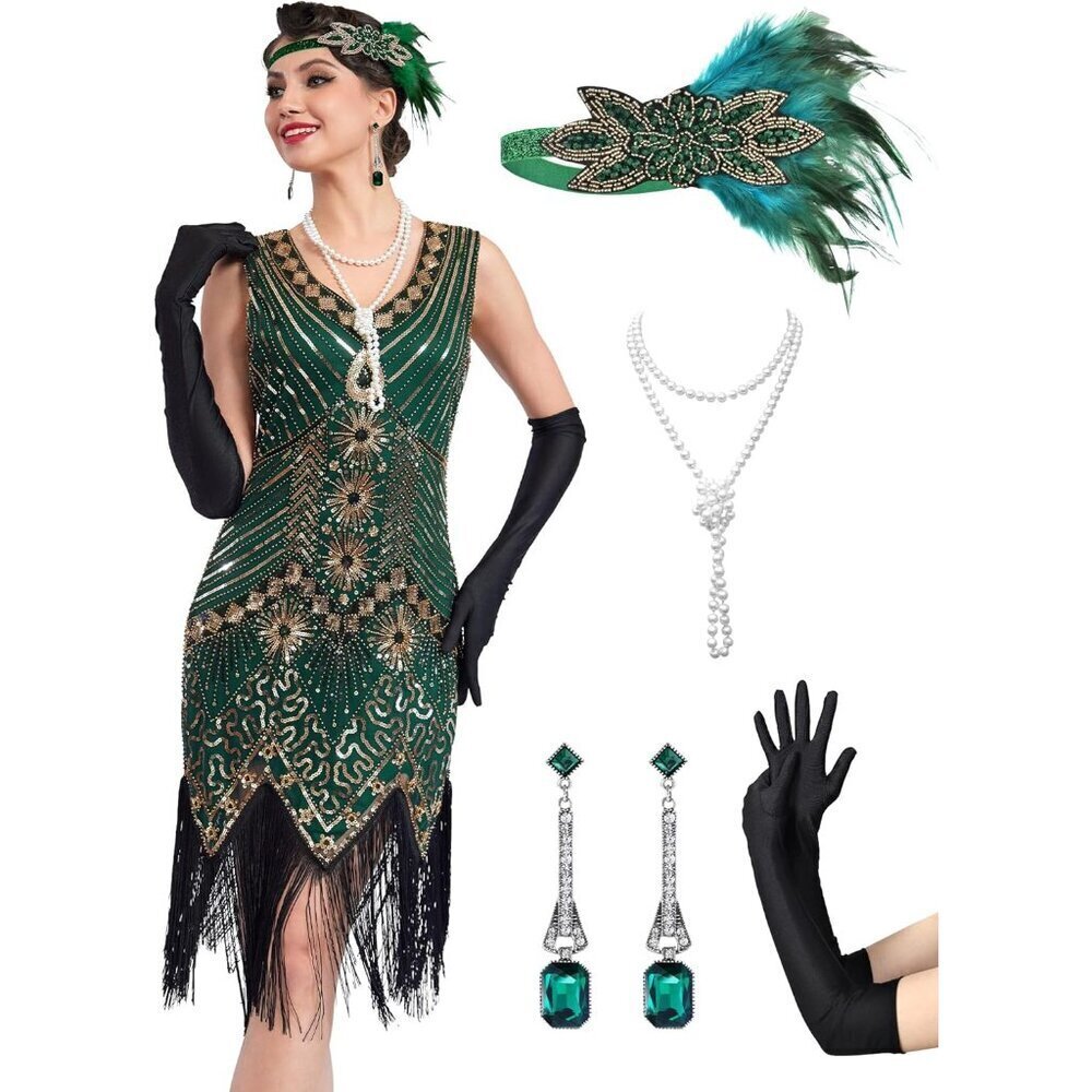Women Flapper Dress 1920s Sequin Fringe Gatsby Costume Accessories Set